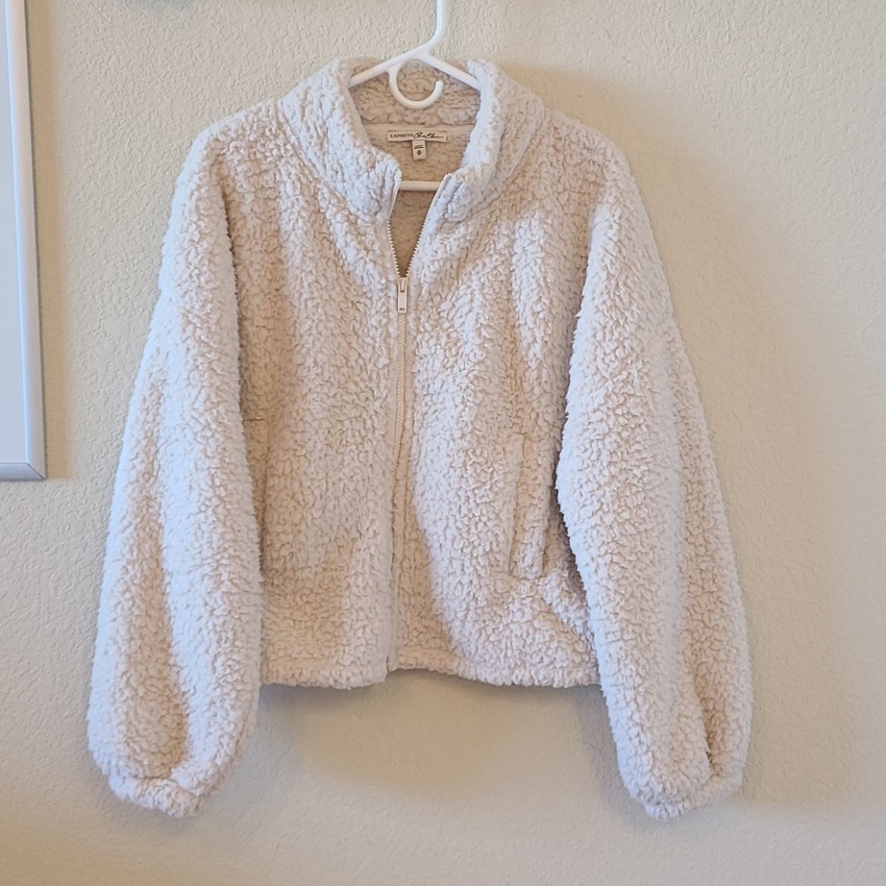 Express White Sherpa Bomber-Style Jacket